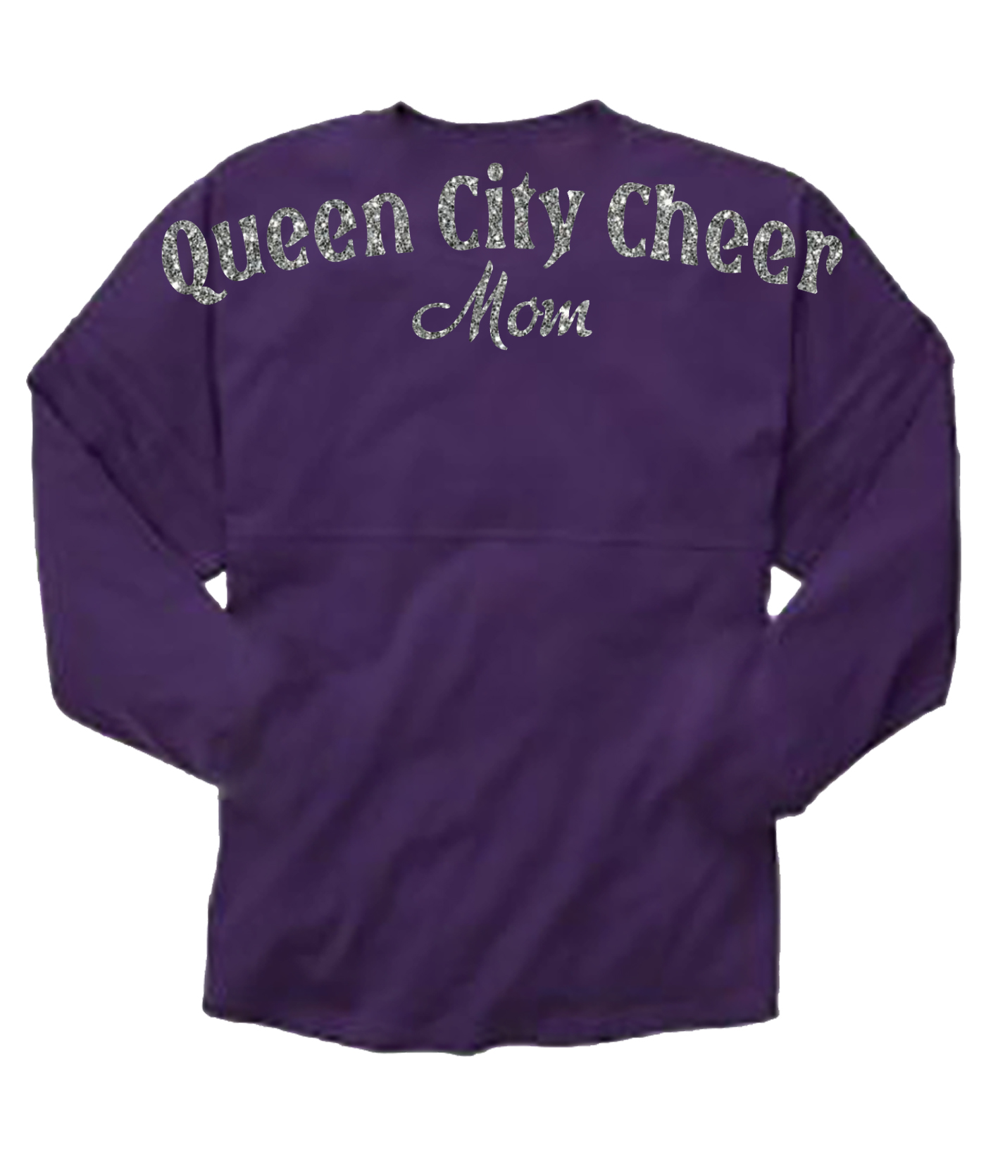Queen City Cheer Mom Purple Pom Pom Jersey with Silver Glitter