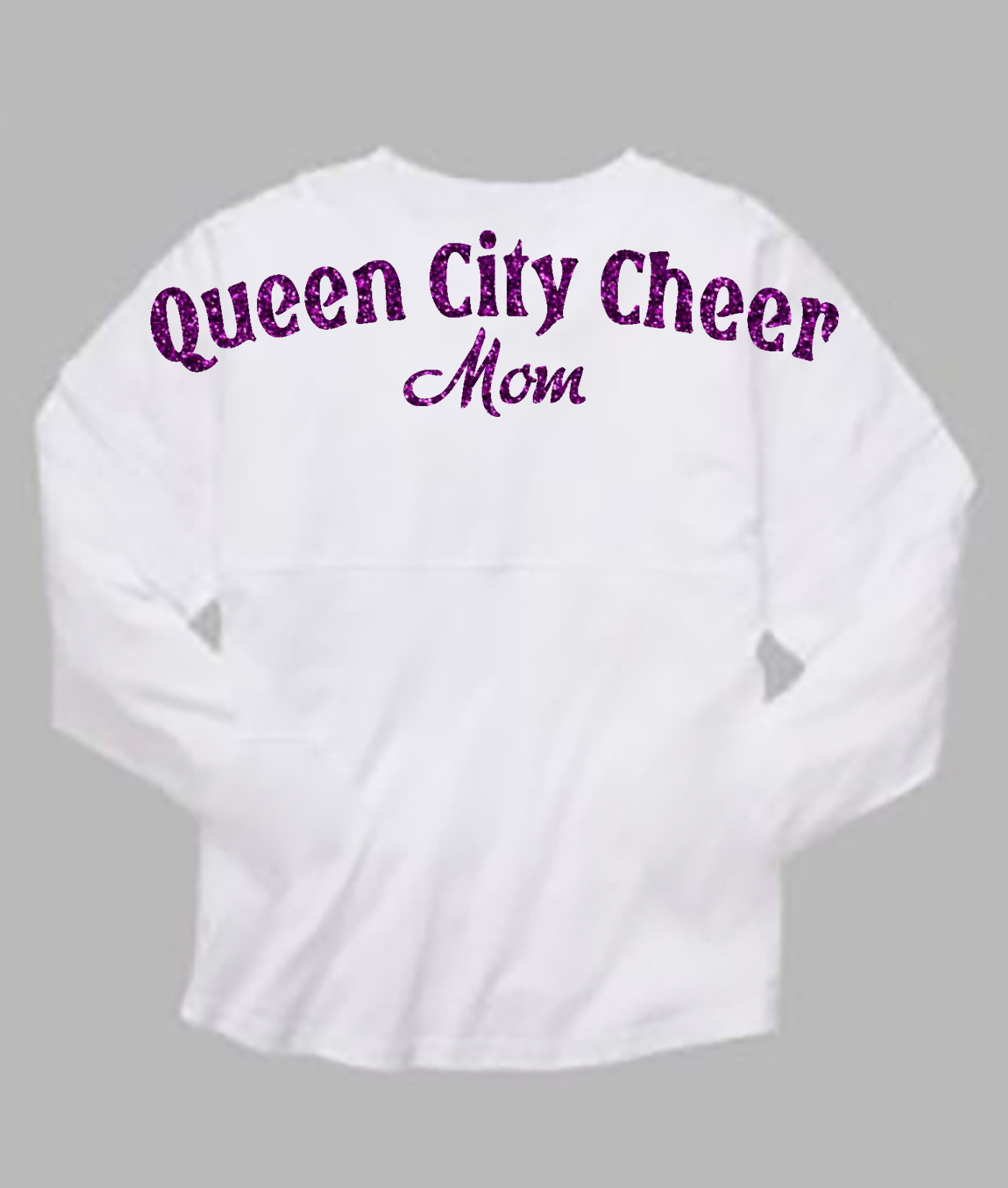 Queen City Cheer Mom White Pom Pom Jersey with Purple Glitter