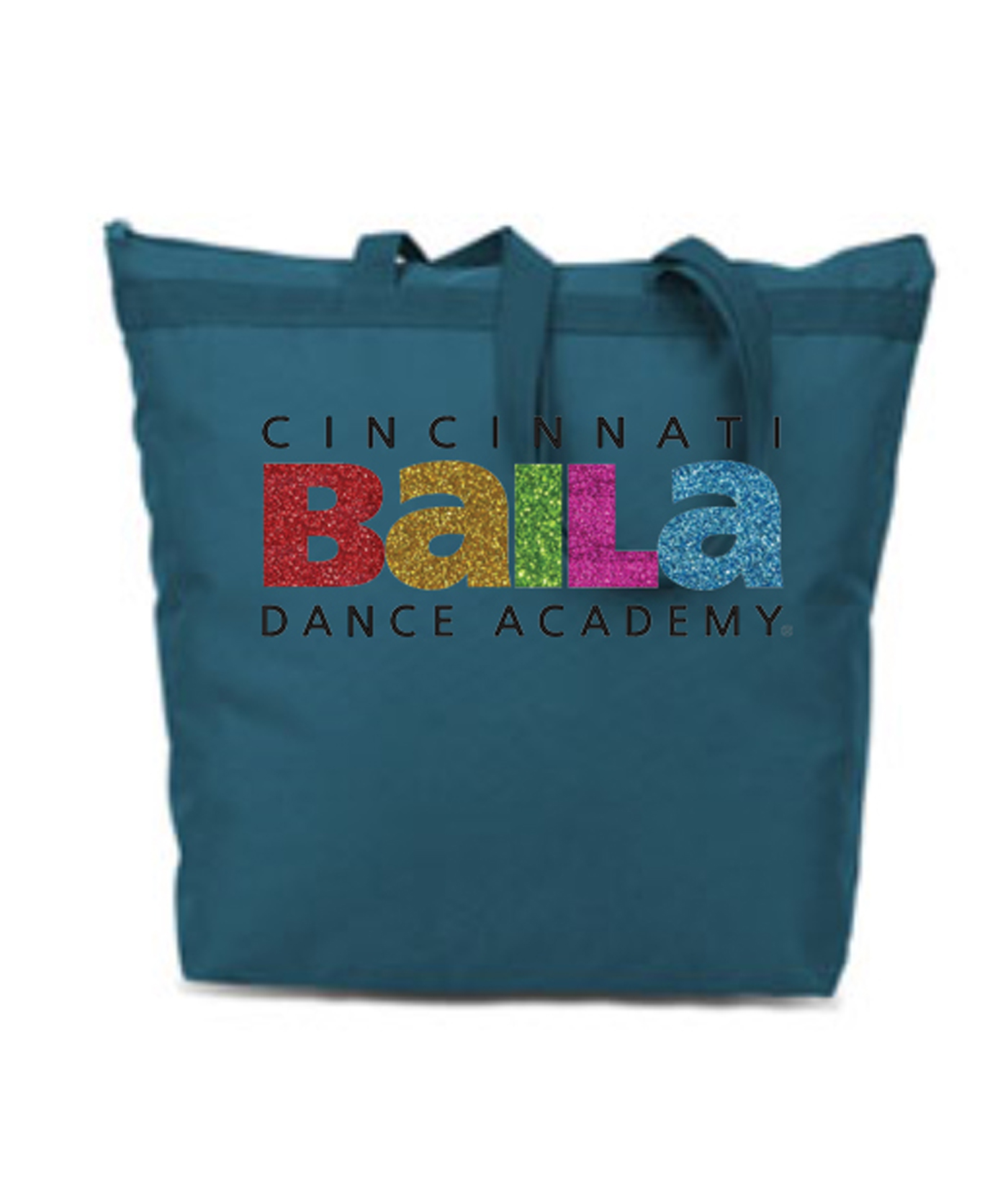 Turquoise Zipper Bag with Multi Color Glitter Logo